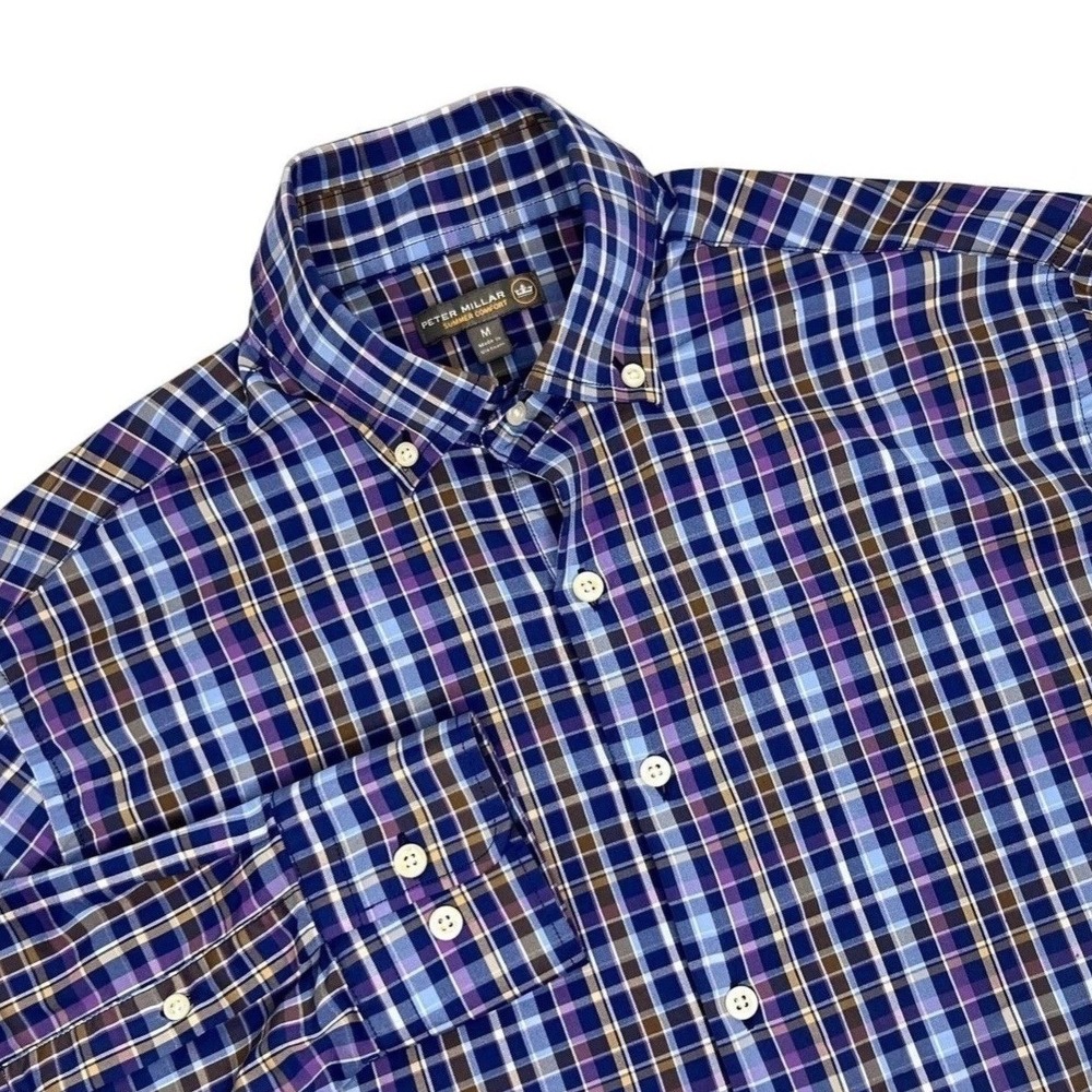 Peter Millar‎ Summer Comfort Mens Medium Blue Purple Plaid Performance Shirt GC